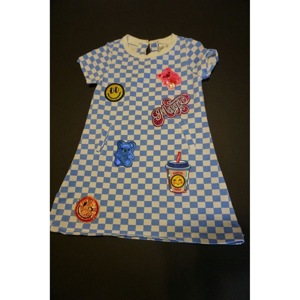 Rare Editions Girls Blue White Checkered Sequin Patch Dress 4T F746535